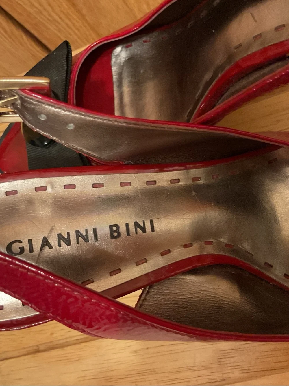 Gianni Bini Red Patent Peep-Toe Slingback Heels with Bow Accent